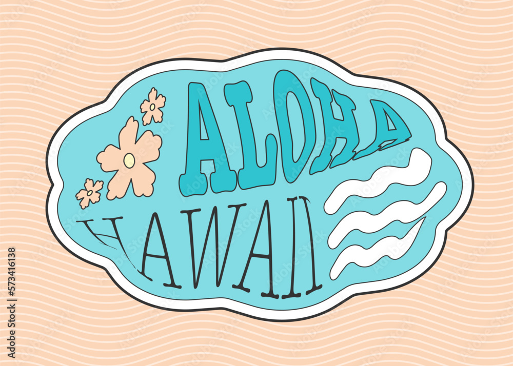 Aloha Hawaii summer holiday apparel print vector design with distorted typography sign and simple wavy pattern in blue and orange colors. Aloha Hawaii summer holiday apparel print vector design with distorted typography sign and simple wavy pattern in blue and orange colors.