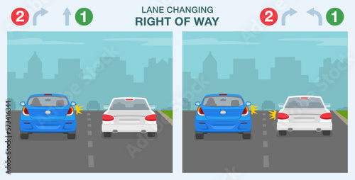 Safe car driving tips and traffic regulation rules. Lane changing right of way. Back view of a traffic flow on two lane road. Flat vector illustration template.