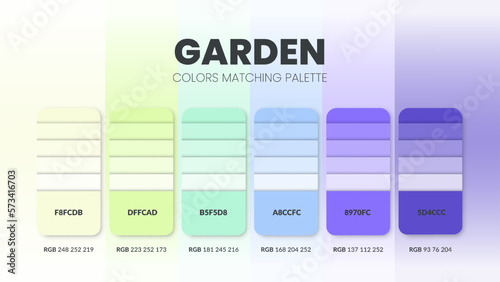 Color palette in Garden colour theme collections. Color inspiration or colour chart with codes template. Color combination set of RGB. Colors swatch for graphic design, art, fashion, or web design.