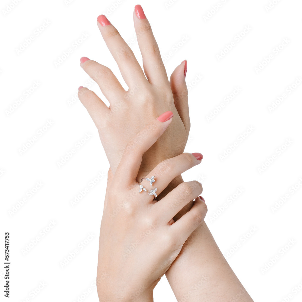 Close up fingers of woman with pink polished nails wearing an expensive engagement diamonds ring. Close up fingers of woman with pink polished nails wearing an expensive engagement diamonds ring.