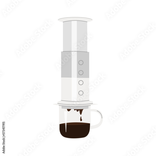 Aeropress with hot freshly brewed speciality coffee in the cup. Glass mug with craft coffee maker. Alternative coffee brewing methods. Hand drawn colored trendy minimalist isolated vector illustration