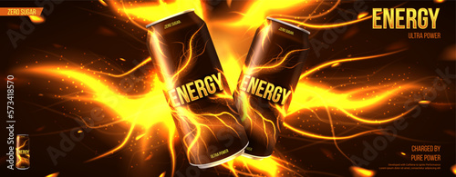 Energy drink ads banner. Vector illustration with energy drink cans, bright abstract energy lightnings. Realistic 3d illustration.	