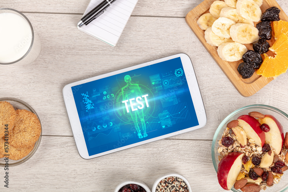 Tablet Pc with fruits, medical concept Tablet Pc with fruits, medical concept