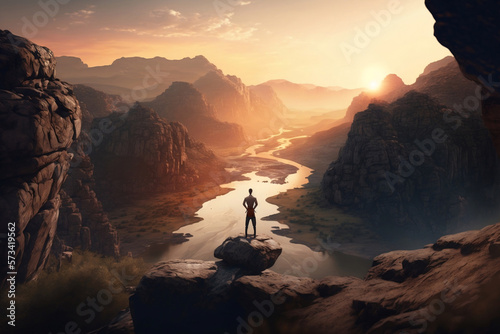 Mountain Magic: The Tranquility of Yoga and Meditation at Sunset, generative ai © jambulart
