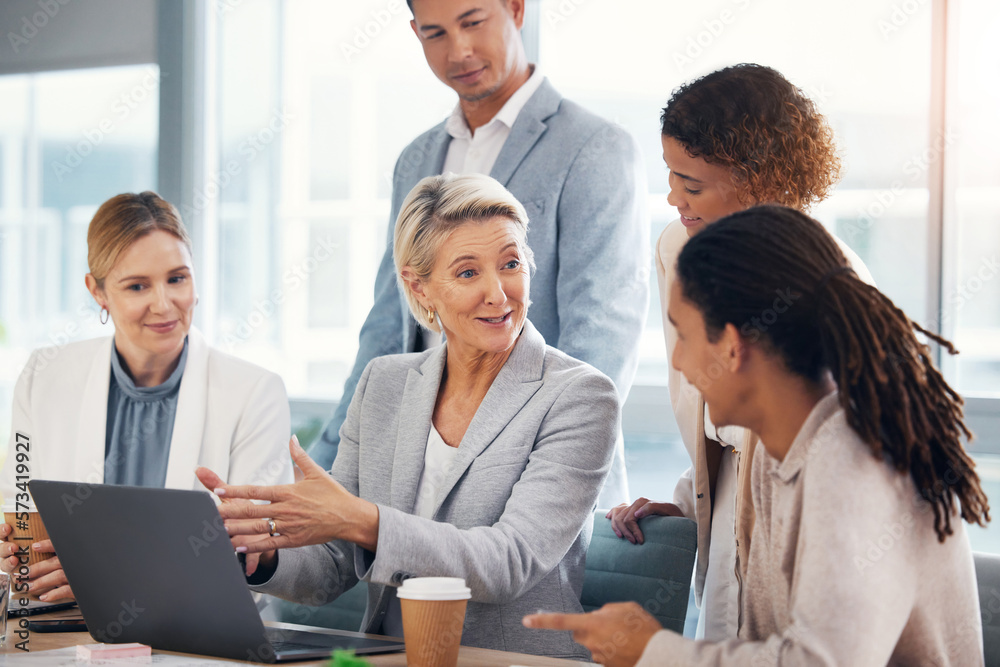 Teamwork, training and laptop with business people in meeting for collaboration, leadership and coaching. Mentor, planning and technology with group of employee and ceo for learning, vision and idea