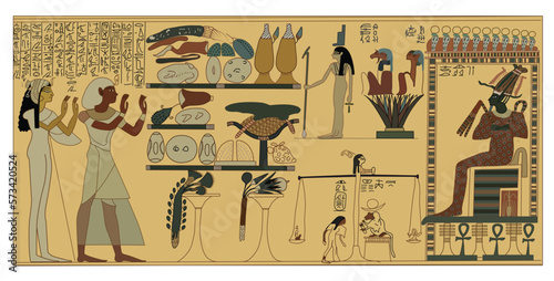 Ancient Egypt scene, mythology. Egyptian gods and pharaohs. Hieroglyphic carvings on the exterior walls of an ancient temple
