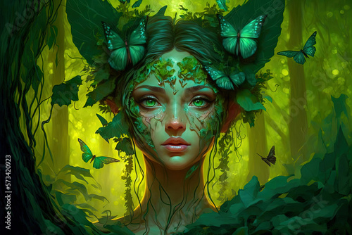 Beautiful young dryad goddess in forest. Dryad goddess merging with a magical forest. Post-processed generative AI	
