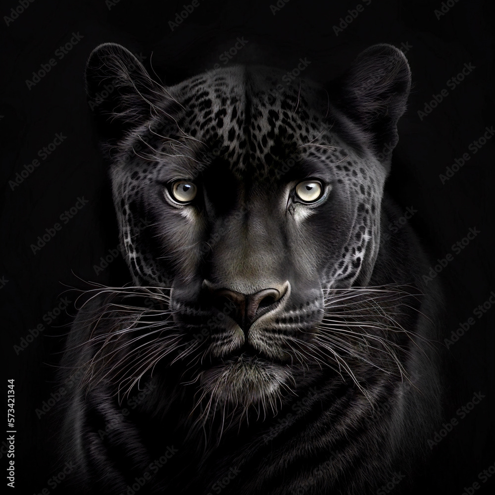 Stunning image captures the black coguar in intricate detail, set against a clean black backdrop. Ideal for nature, and animal-themed projects. Created with generative AI
