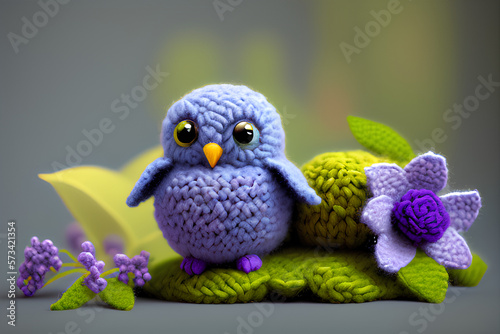 Woolitize, a violet Owl sitting on top of a lush orchid flowers bush