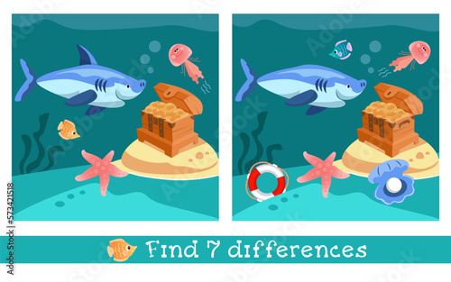 Find 7 hidden differences. Educational puzzle game for children. Shark and sea creatures near chest of gold. Vector illustration in cartoon style.