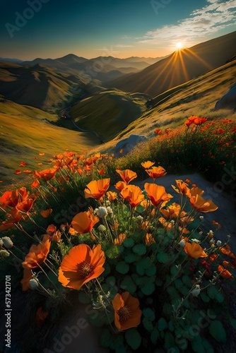 Green mountain valley landscape sunset blue sky with orange flower meadow art painting illustration 