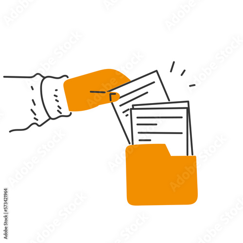 hand drawn doodle person put or take file on folder illustration vector
