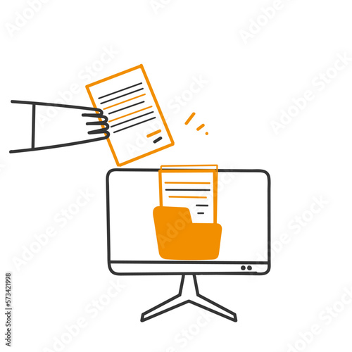 hand drawn doodle person put or take file on folder illustration vector
