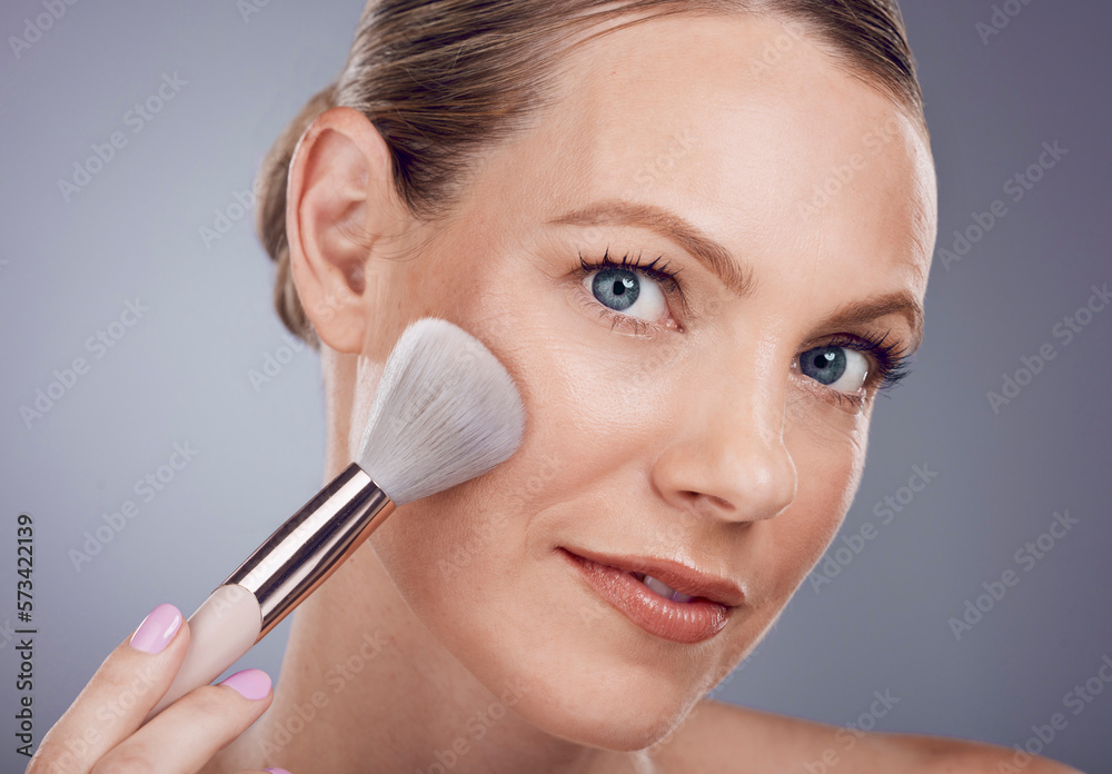 Face, brush for makeup and woman in portrait, beauty and skin glow and foundation on studio background. Powder, cosmetics tools and skincare with shine, cosmetology and cosmetic care zoom Face, brush for makeup and woman in portrait, beauty and skin glow and foundation on studio background. Powder, cosmetics tools and skincare with shine, cosmetology and cosmetic care zoom