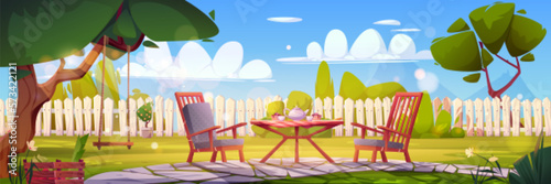 Breakfast on house backyard with table and chair on green grass, tree swing. Cartoon vector illustration of summer patio furniture outdoor. Countryside exterior design in the sunny morning weekend.