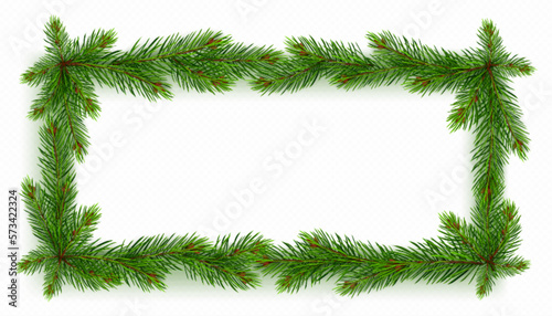 Realistic rectangular pine tree frame in vector. Isolated fir border on transparent background for Christmas holiday festive postcard. Minimalist evergreen decorative seasonal illustration.