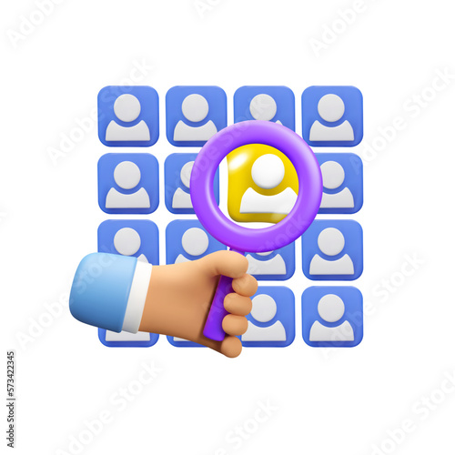 3d searching people concept. Vector isolated illustration of human resources, find target customer or focus group. Hand holding magnifier glass or loupe icon