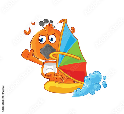 hudhud bird windsurfing character. mascot vector