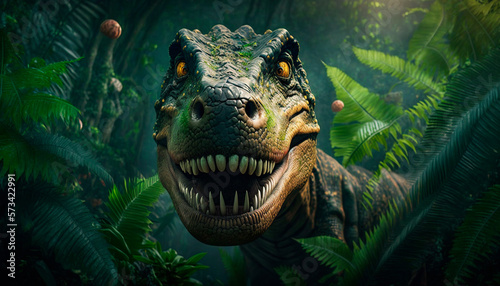 Dinosaur close up in jungle created with Generative Ai technology