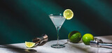 Vodka gimlet alcoholic cocktail drink with vodka, syrup, lime juice and ice, dark green background, bright hard light and shadow pattern, banner