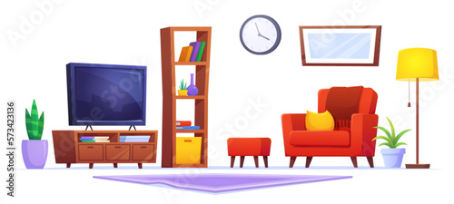 Living room interior isolated furniture set with tv and armchair. Cartoon clipart collection to construct lounge area in apartment. Red pouf, book shelf and television with nobody inside flat design.