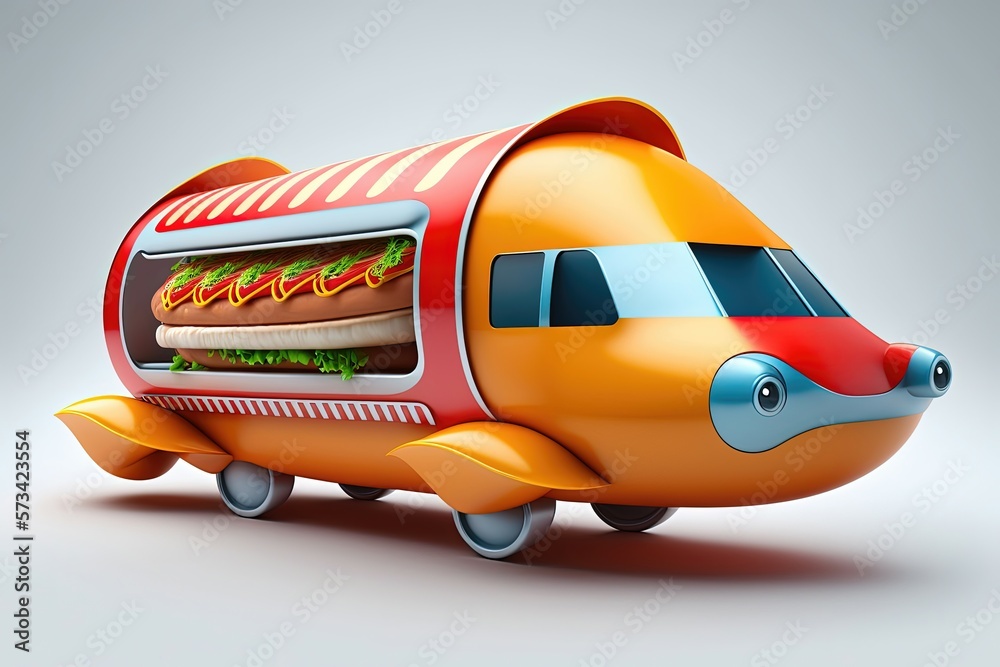 3D Hot Dog Delivery. Fast food hot dog car. Mascot hot dog speed car
