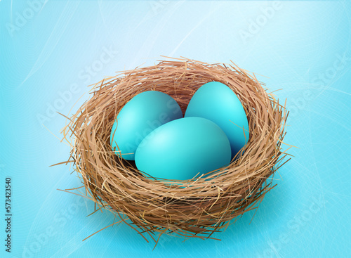 Illustration Easter blue eggs in a nest on a blue textural background