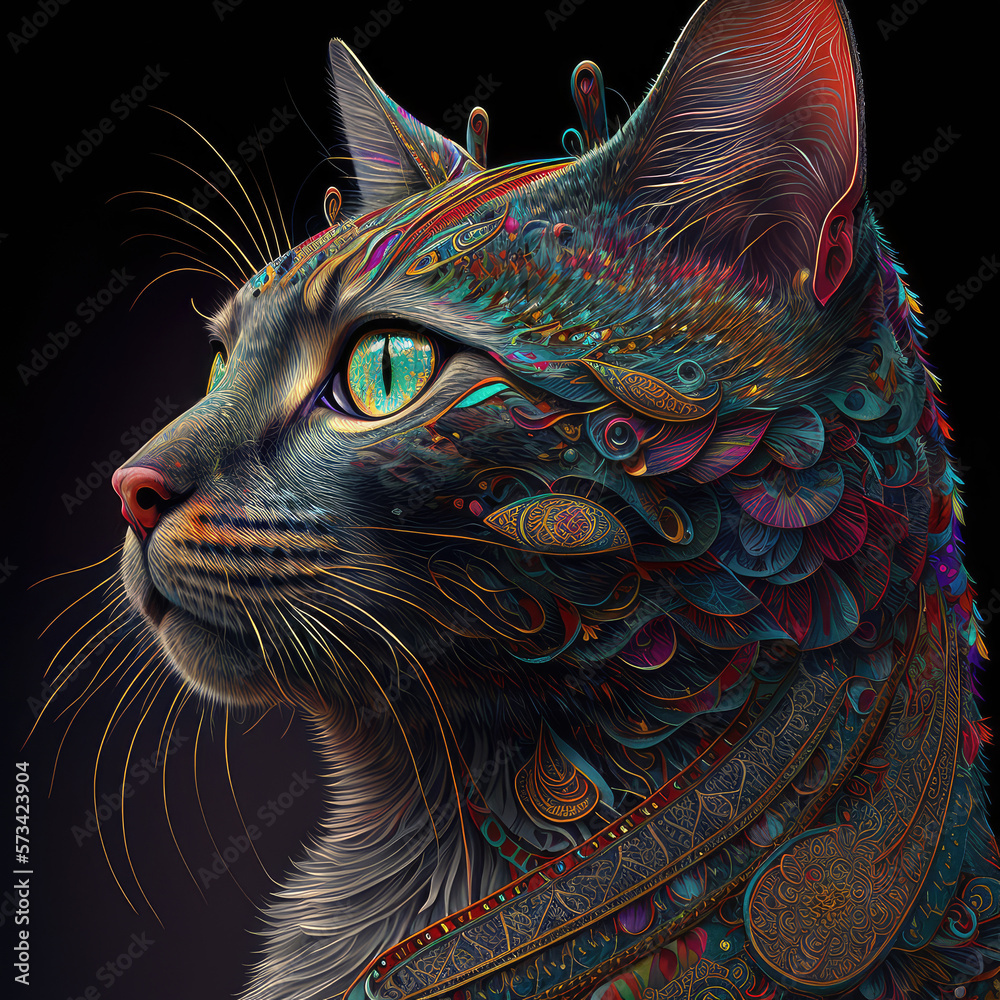 Cat, colorful, intricate details
