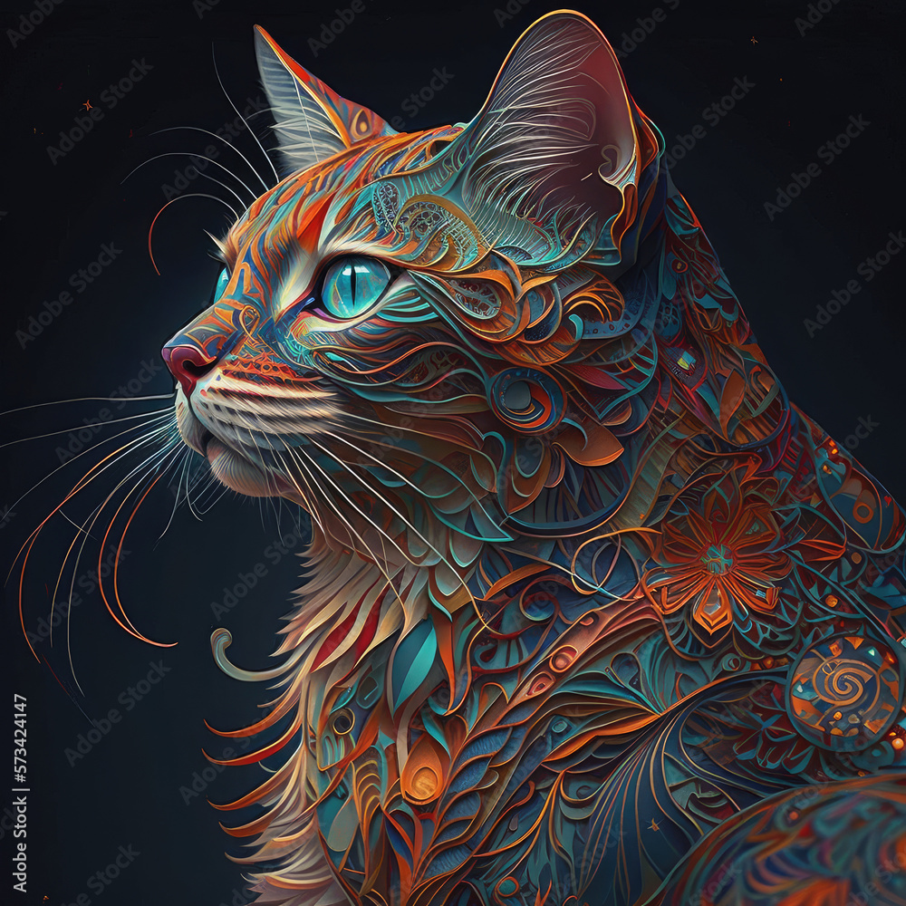 Cat, colorful, intricate details