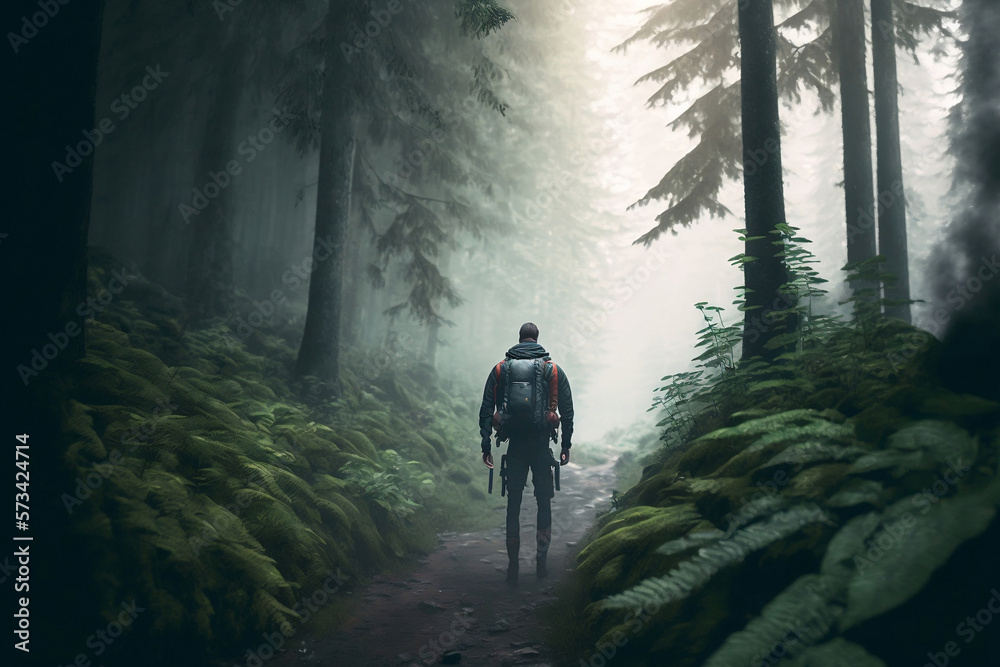 Fototapeta premium A Solitary Trek: Discovering the Forest Alone, generative ai