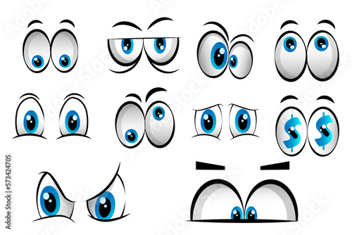 set of people cartoon eyes depicting a variety of expressions with anger, sadness, surprise and happiness with blue irises, vector illustration on white background