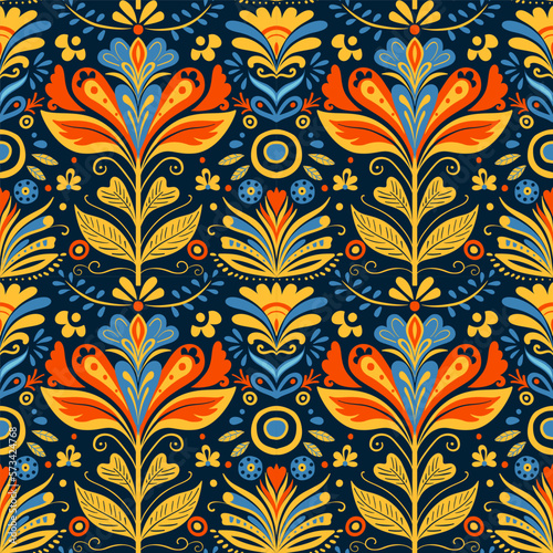 Seamless folk art vector pattern with birds and flowers, Scandinavian or Nordic navy blue repetitive floral design. Retro style navy blue ornament, Scandi endless background perfect for textile design