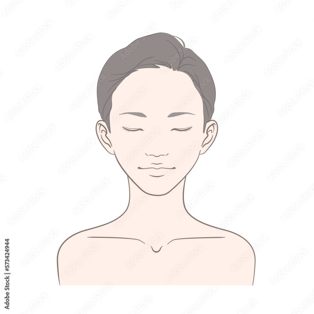 正面を向き目を閉じている若い女性の顔(主線あり・線画) 正面を向き目を閉じている若い女性の顔(主線あり・線画)