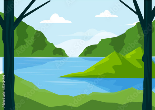 flat design Lake View and mountain landscape