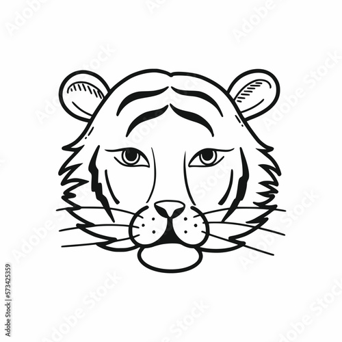 Muzzle of tiger. Traditional Korean animal. Black tattoo. Vector doodle illustration. Hand drawn sticker. Sketch.