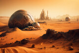 Futuristic world on Mars with buildings and spaceships.  Generative AI.