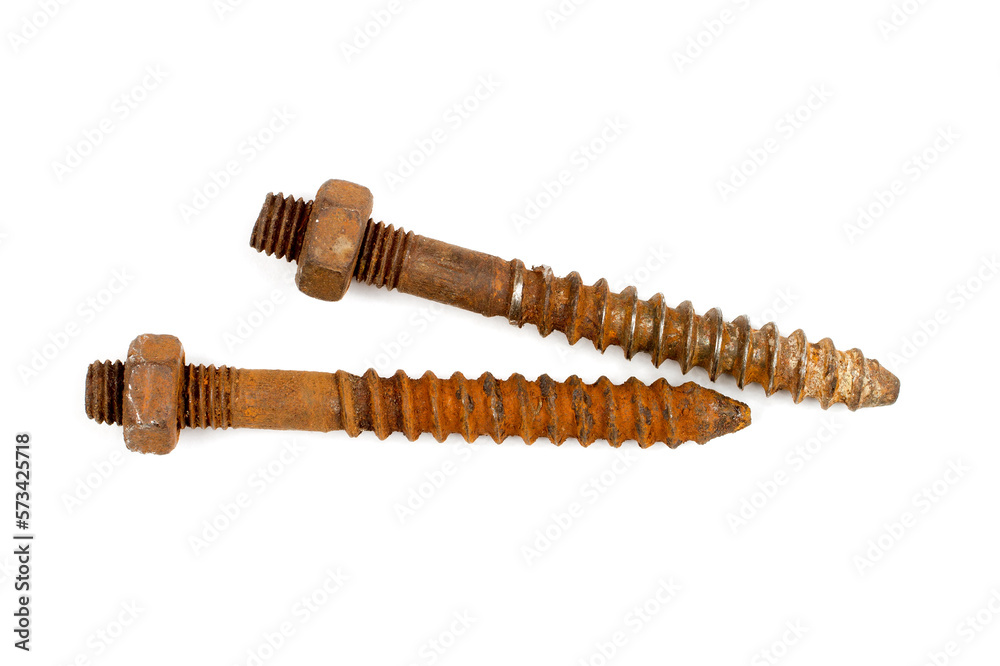 Large rusty screws on a white background. Two old screws close-up. Large rusty screws on a white background. Two old screws close-up.