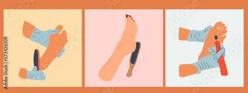 Set of three Illustration of woman having peeling feet for her feet in beauty salon