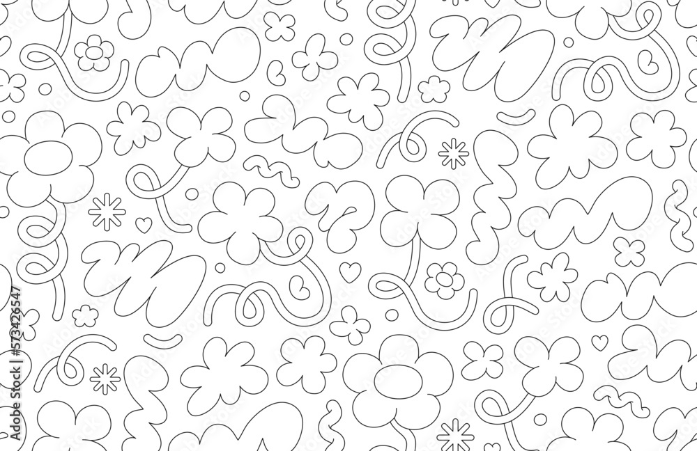 Abstract cloud and flower shapes seamless pattern. Groovy funky flower, bubble, star, loop, waves in trendy retro 90s 00s cartoon style. Vector background with wavy and spiral elements. Abstract cloud and flower shapes seamless pattern. Groovy funky flower, bubble, star, loop, waves in trendy retro 90s 00s cartoon style. Vector background with wavy and spiral elements.