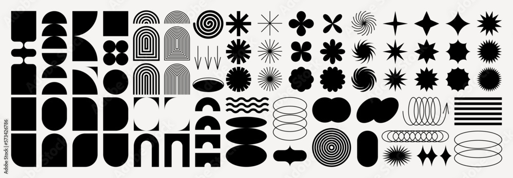 Brutalist abstract geometric shapes and grids. Brutal contemporary figure star oval spiral flower and other primitive elements. Swiss design aesthetic. Bauhaus memphis design. - obrazy, fototapety, plakaty 
