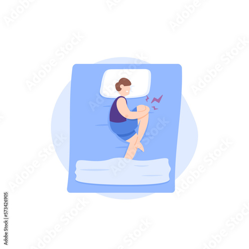 a man felt pain on his knee in the night. soreness and cramps on the leg, liming and Arthritis, Symptoms of uric acid. health problems. person in pain. illustration concept design. graphic element 