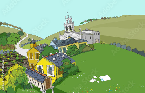 Vista aérea de paisaje rural gallego como ejemplo de aldea tradicional gallega o pequeño núcleo de población rural que representa la vida en el campo. photo