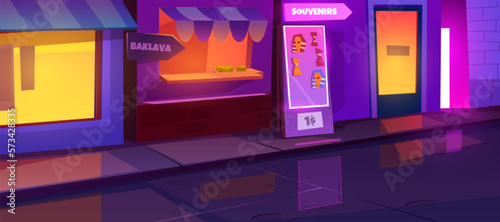 Night city street view with neon light from souvenirs and baklava shop vector cartoon background. Arabic bazaar with nobody near sidewalk. Empty cityscape with food market district in evening.