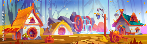 Fairy gnome hut in autumn forest with falling leaves cartoon background. Small fantasy gnome house with chimney for game vector landscape illustration. Cute countryside on meadow with waterfall.