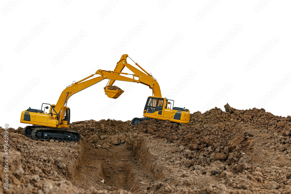 Crawler Excavator is digging soil in the construction site on isolated white background. Crawler Excavator is digging soil in the construction site on isolated white background.