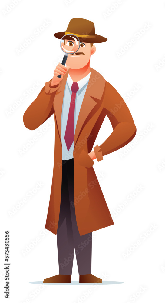 Detective bring a magnifying glass cartoon character
