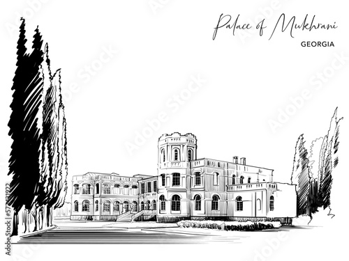 Palace of Mukhrani. Country mansion near Mukhrani village, Georgia. Sketch for a Postcard or Travel Blog. Black Line drawing isolated on white background. EPS10 vector illustration