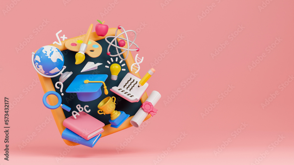 Education study learning back to school graduation hat pencil book lecture certification science art icon 3d rendering.