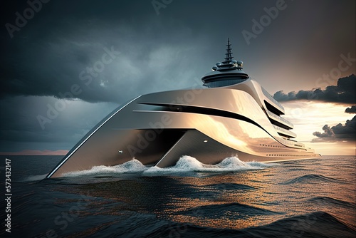 A sleek and futuristic megayacht sailing on the open sea. Generative AI. photo
