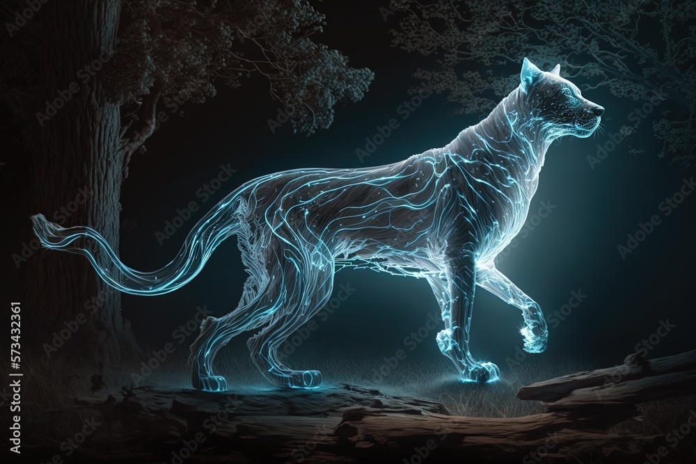 Tiger with neon light in the forest. Generative AI.